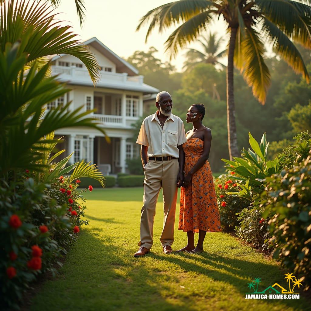 An elderly black man enjoying a beautiful Jamaican property with a tropical garden, symbolizing a generational estate.