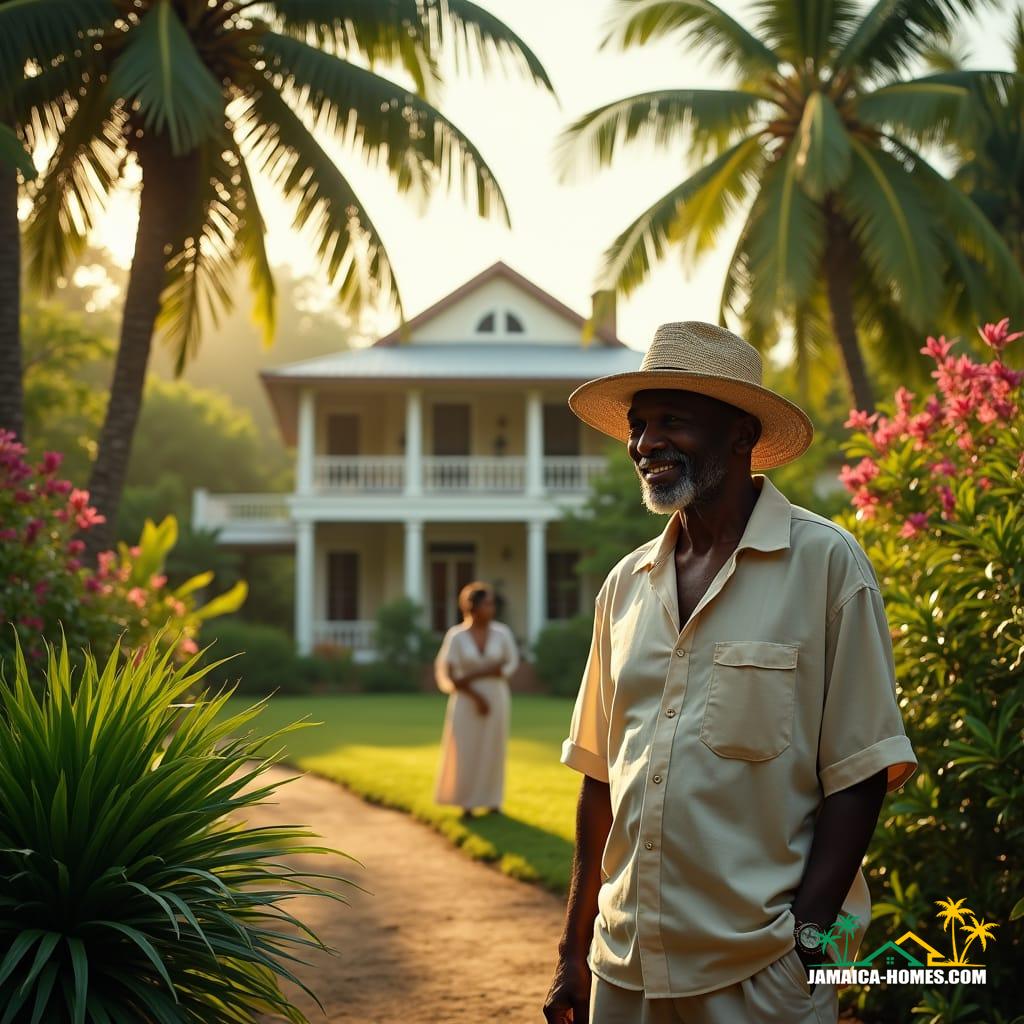 An elderly black man enjoying a beautiful Jamaican property with a tropical garden, symbolizing a generational estate.