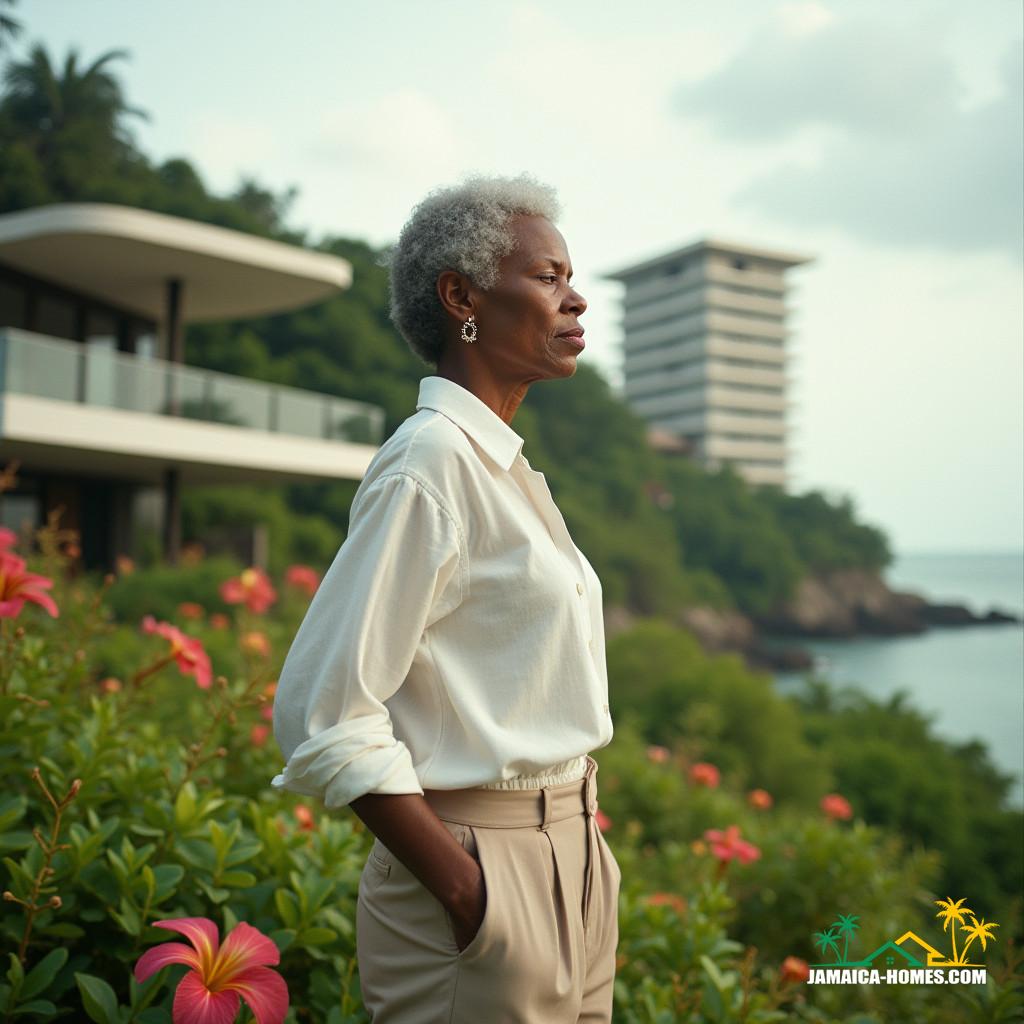A wise and elegant Jamaican landowner, dressed in a flowing white linen shirt and tailored beige pants, stands in contemplative silence in front of her stunning modern island home, surrounded by lush greenery and vibrant tropical flowers, in the heart of the Caribbean. The sleek, minimalist architecture of her residence is juxtaposed with the imposing 10-storey hotel looming next door, its towering presence a stark contrast to her serene domestic oasis. As she gazes out at the breathtaking Jamaican landscape, her expression is one of quiet concern, her brow furrowed in puzzlement as she ponders the curious similarity between her Property Tax and that of the massive hotel beside her.