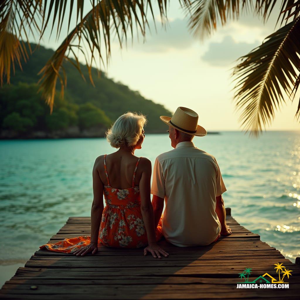 A warm, golden-lit Jamaican evening scene: an elderly couple, dressed in elegant, island-inspired attire, sit together on a weathered wooden dock, overlooking a serene, turquoise Caribbean sea, surrounded by lush, vibrant greenery. The woman, with a look of contemplation, gazes out at the horizon, while the man, with a gentle expression, turns to her, as if engaged in a deep, thoughtful conversation. The atmosphere is tranquil, with a hint of warmth and comfort, evoking a sense of nostalgia and longing.
