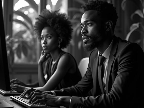 Dramatic, high-contrast, black and white portrait of two Jamaican real estate agents, one male and one female, intensely focused on their computer screens, surrounded by lush Caribbean foliage, warm cinematic lighting spilling in through the windows, accentuating the film grain and texture of the 35mm film. The agents are seated in a stylish, modern Jamaican office, with sleek, minimalist decor, the computer screens glowing softly, as they interact with AI chatbots, the atmosphere thick with concentration and innovation.