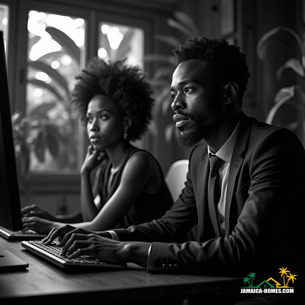 Dramatic, high-contrast, black and white portrait of two Jamaican real estate agents, one male and one female, intensely focused on their computer screens, surrounded by lush Caribbean foliage, warm cinematic lighting spilling in through the windows, accentuating the film grain and texture of the 35mm film. The agents are seated in a stylish, modern Jamaican office, with sleek, minimalist decor, the computer screens glowing softly, as they interact with AI chatbots, the atmosphere thick with concentration and innovation.