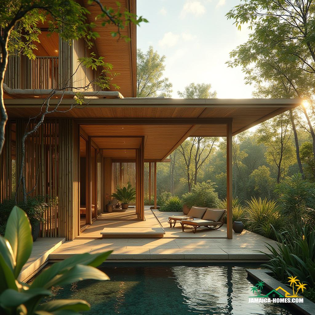 A sleek, modern bamboo house with open spaces, natural light, and tropical accents, featuring walls, roofing, and furnishings crafted from sustainable bamboo, surrounded by lush greenery, set against a warm, sun-kissed sky. The interior design blends seamlessly with the outdoors, where bamboo pergolas, water features, and eco-friendly furniture create a serene ambiance.