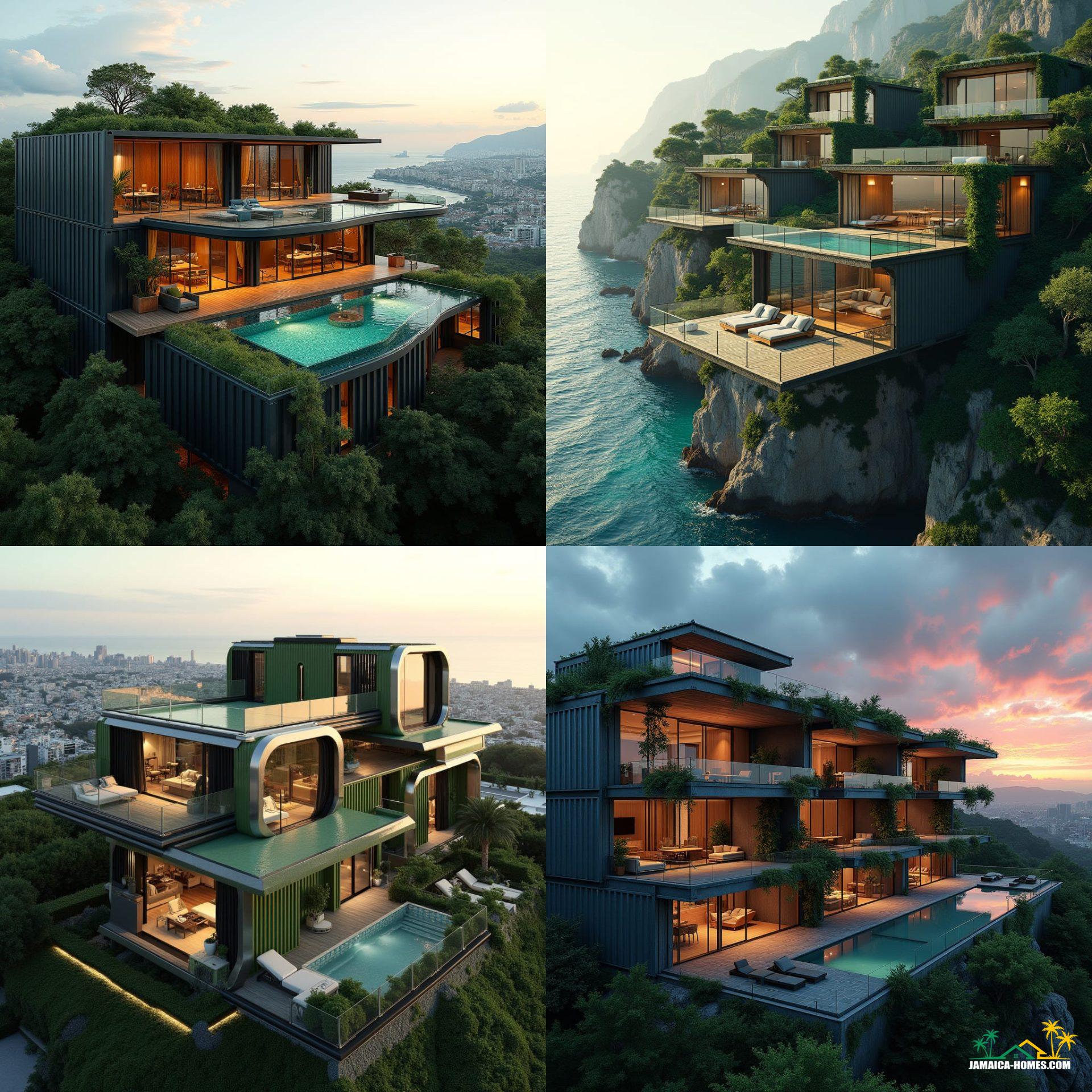 A luxurious, high-tech container module mansion with industrial chic and modern elegance, comprising four interconnected modules, spacious living area with protruding glass bay windows