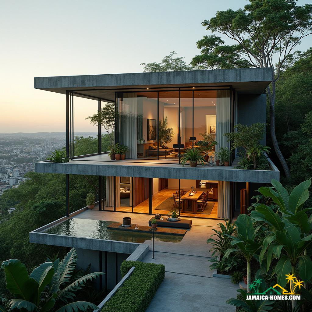 Ultra-modern urban house in Kingston, Jamaica, blending industrial and tropical design elements, set amidst the city's vibrant atmosphere. Exposed steel beams, concrete walls, and large glass panels juxtaposed with lush greenery and wooden accents, showcasing a seamless fusion of contrasting styles. Flexible live-work spaces, smart home technology, and a rooftop lounge area with breathtaking views of the cityscape.