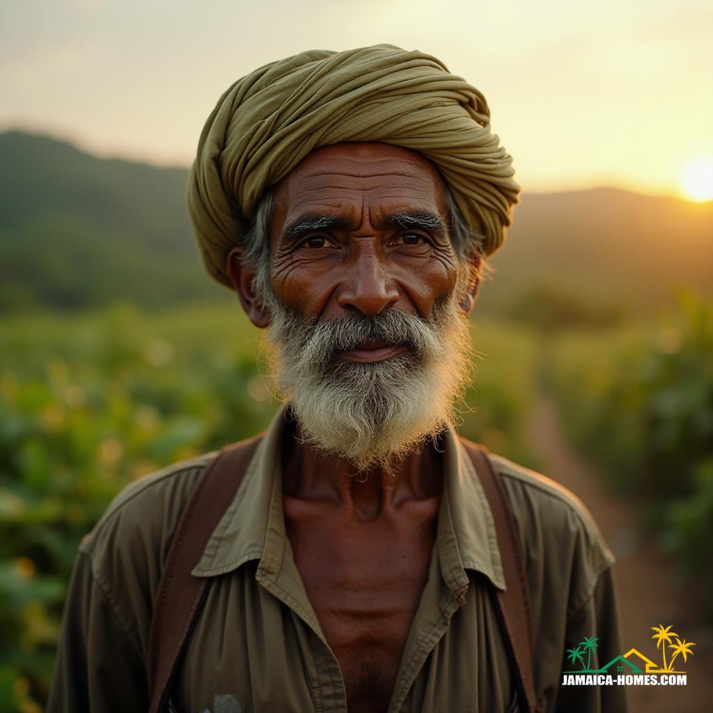 An Indian indentured laborer, clad in worn, earth-toned clothing, stands amidst a lush Jamaican landscape