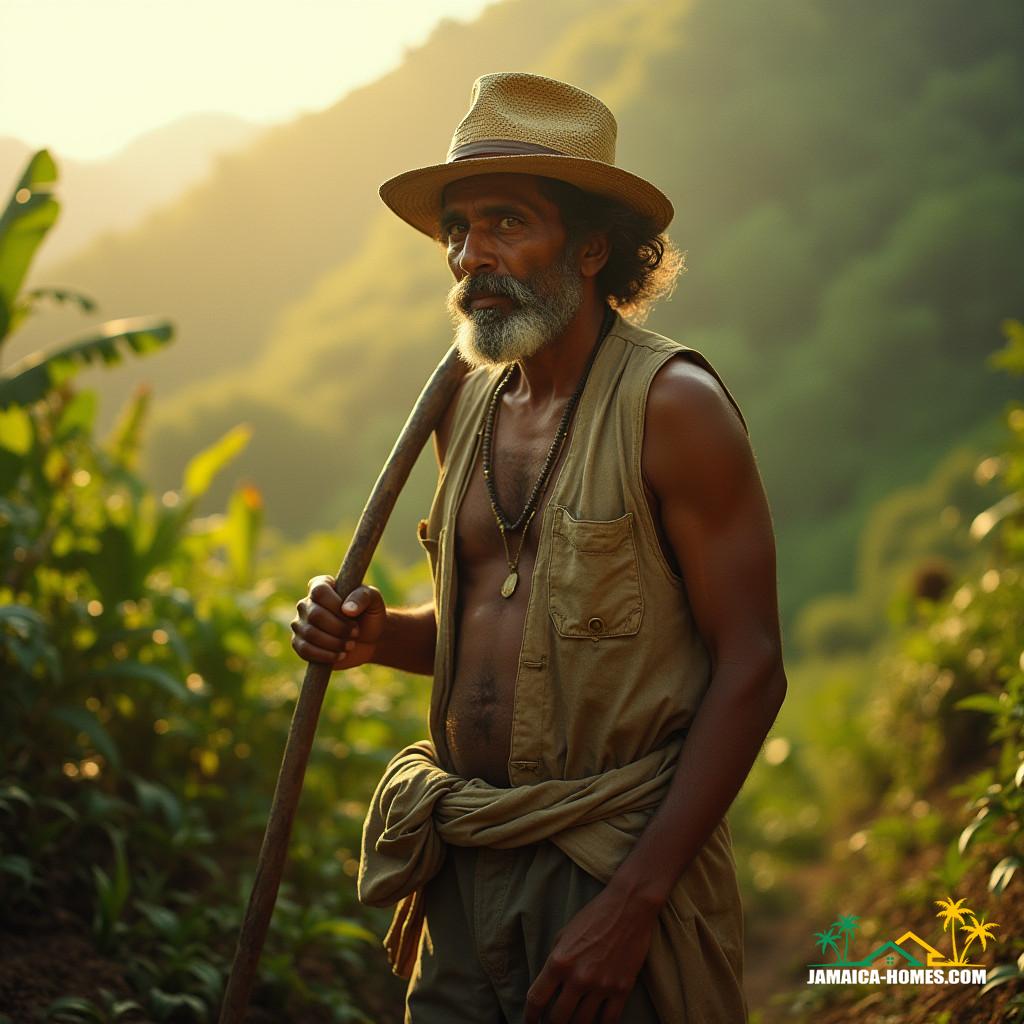 An Indian indentured laborer, clad in worn, earth-toned clothing, stands amidst a lush Jamaican landscape