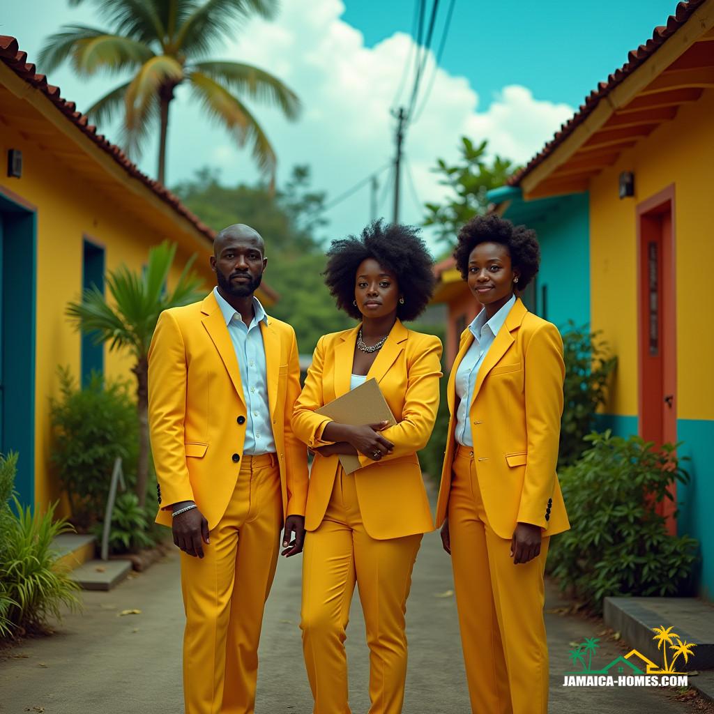 Regal black models dressed in stylish, modest real estate agent attire, posing in a vibrant Jamaican Caribbean setting, exuding confidence and poise.