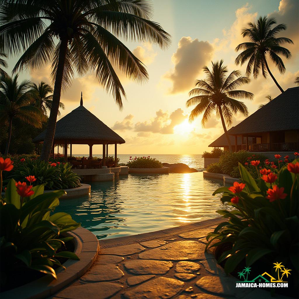 Luxurious Jamaican resort, lush green palm trees swaying gently in the Caribbean breeze, turquoise ocean waves crashing against the shore, warm golden light casting long shadows across the pristine white sand beach, cinematic composition