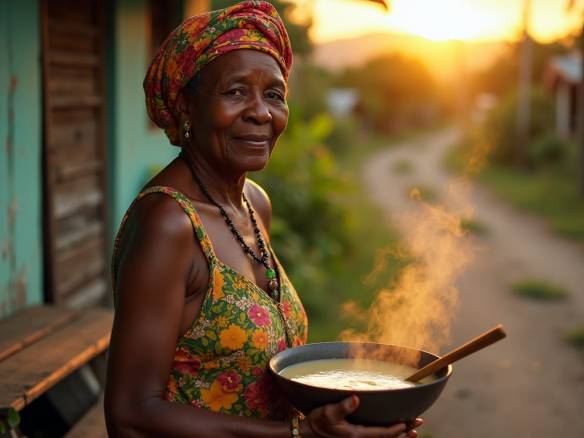 Old Jamaican woman wearing a vibrant floral headwrap and a warm smile, serving steaming hot soup from a large, worn wooden spoon, standing beside a rustic plyboard and zinc roadside restaurant, with a classic wooden bench and a few scattered tables, nestled among lush tropical foliage, against the warm, golden light of a setting sun, casting long shadows and a soft, cinematic glow, evoking the works of Terrence Malick, Gordon Parks, and Werner Herzog, with a cinematic film still aesthetic