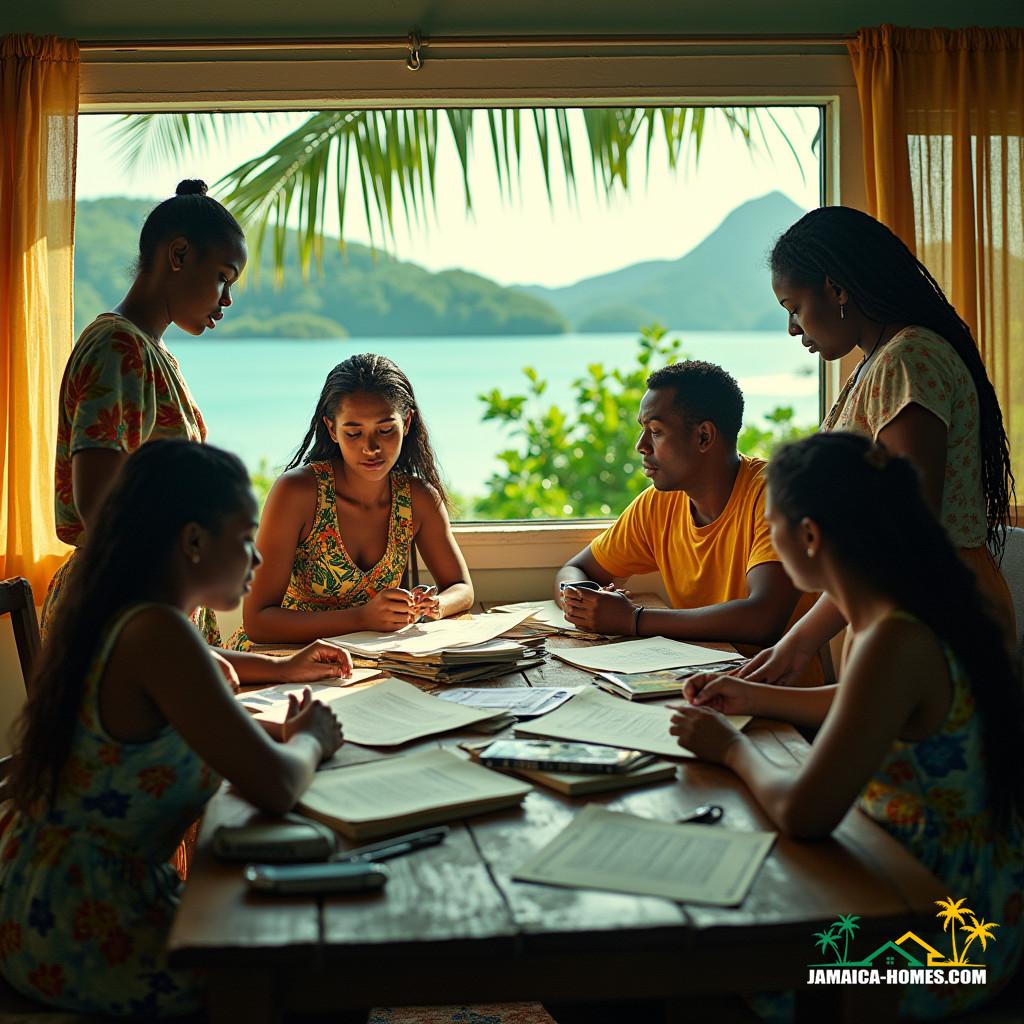A Jamaican family, clad in vibrant, tropical attire, gathered around a cluttered, worn wooden table, surrounded by stacks of documents and financial papers, their faces etched with worry and frustration, as they struggle to navigate the complexities of purchasing a home amidst mental incapacity, set against a backdrop of lush, emerald green hills and turquoise seas, evoking the works of cinematographer Roger Deakins, with warm, golden lighting and deep shadows, reminiscent of a 35mm film, shot on a V-Raptor XL, with subtle film grain, a hint of vignette, and a rich, cinematic color palette, graded to evoke a sense of melancholic longing, post-processed to enhance the atmospheric, live-action feel, resulting in a stunning, dramatic, and epic still, worthy of a cinematic masterpiece.