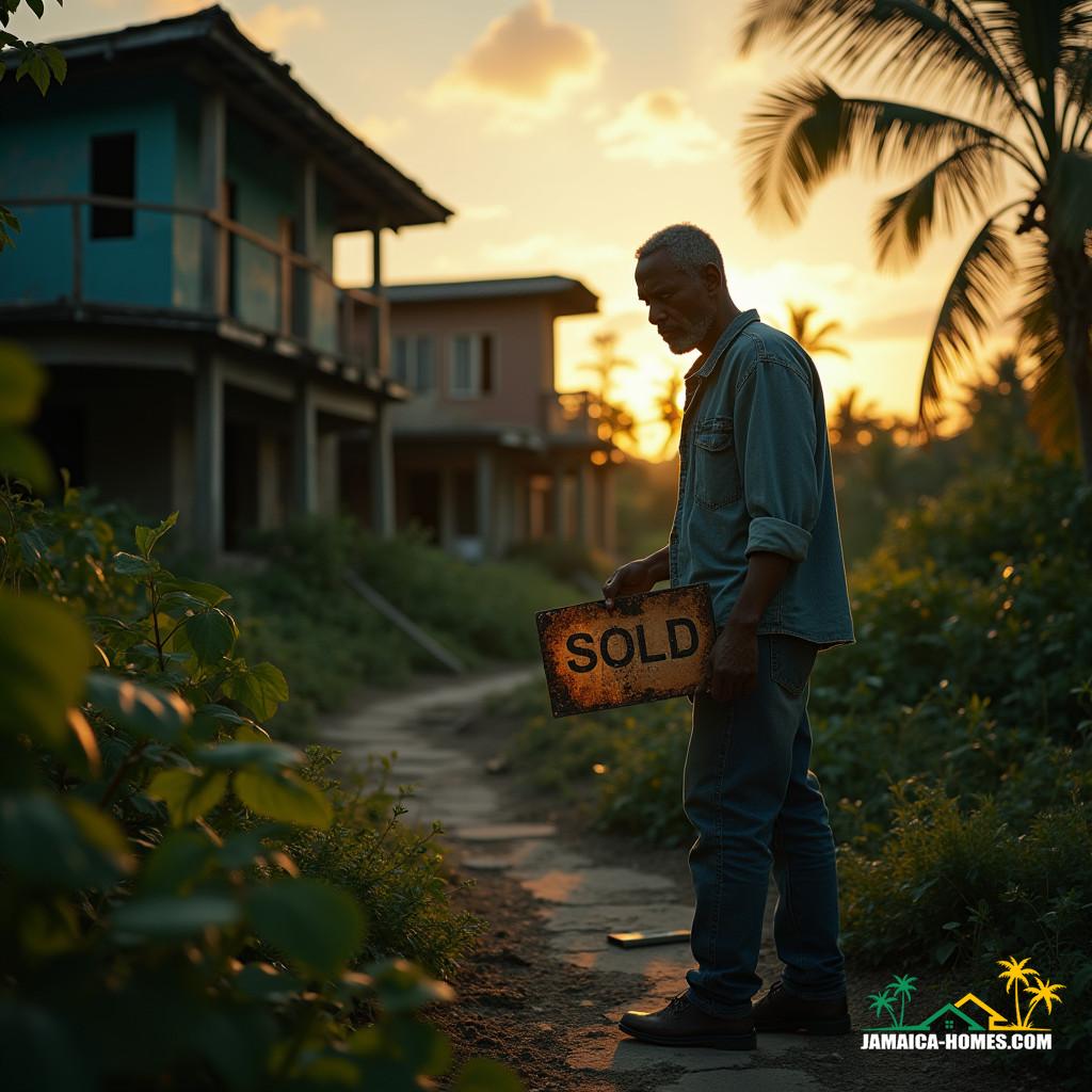 A distressed Jamaican property owner, clad in a worn denim shirt and faded jeans, stands amidst a dimly lit, abandoned construction site, surrounded by the lush, vibrant Caribbean foliage, with a worn, weathered sales contract clutched in their hand, as a faded "Sold" sign creaks in the gentle island breeze, cinematic film grain and vignette adding depth to the image