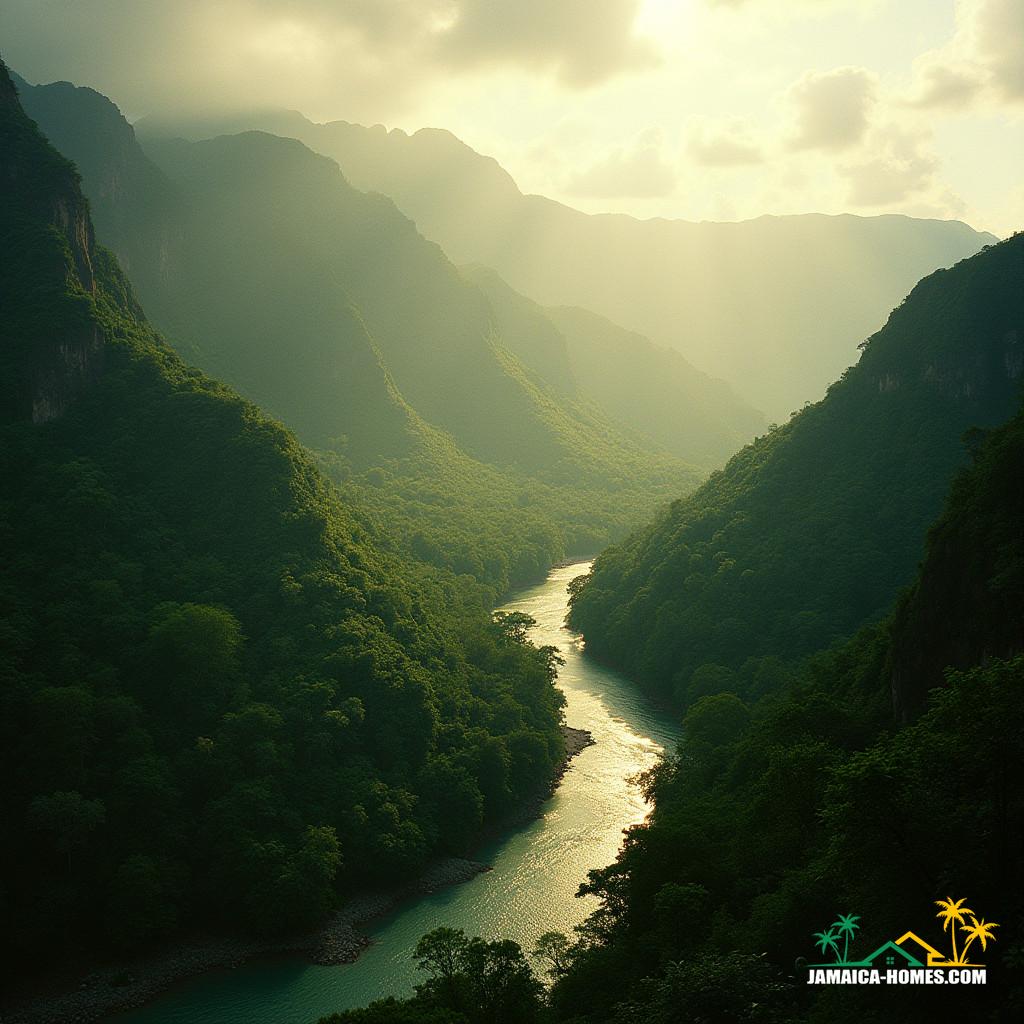 ush Jamaican landscape with rugged terrain, dense foliage, and winding rivers, set against a backdrop of majestic mountains, shot in cinematic 35mm film style with a warm, golden color palette, evoking the sense of a majestic, untamed world, reminiscent of the works of Terrence Malick