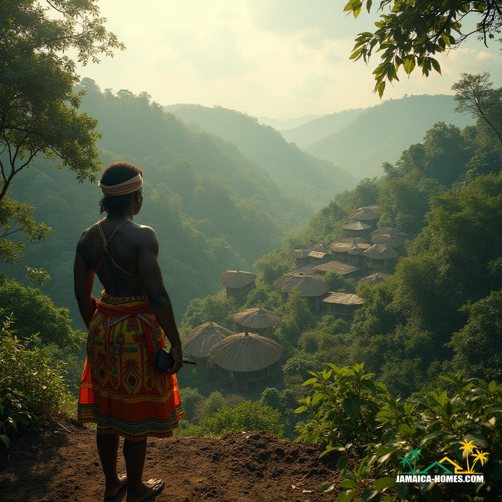 Recreate a vivid scene from Nanny Town in the 1700s, capturing its location high on Nanny Town Hill