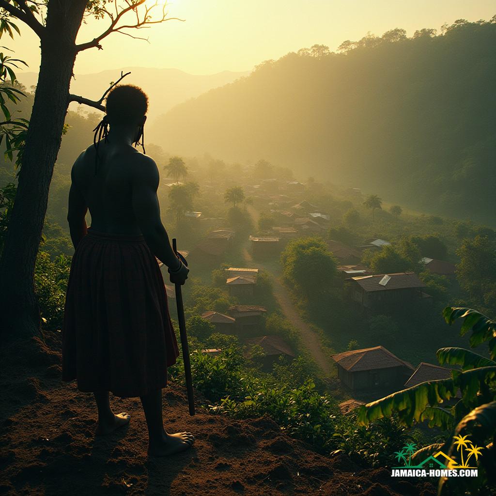 Recreate a vivid scene from Nanny Town in the 1700s, capturing its location high on Nanny Town Hill