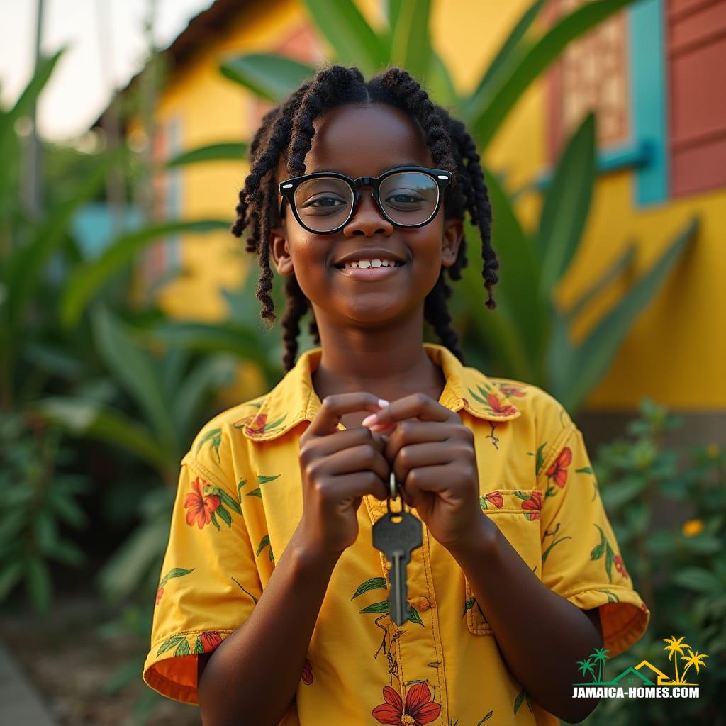 Serene Jamaican youth, bespectacled with a soft smile and introspective gaze, grasping aged house keys signifying inherited legacy, adorned in bright, island-inspired attire, amidst sun-kissed surroundings with vibrant greenery, live flowers in the style of Hernan Bas, George Shaw, and Julian Schnabel. Beside them, a gentle, compassionate guardian, offering supportive guidance like a warm island breeze, set against the backdrop of a breathtaking, golden Jamaican dusk, capturing a perfect blend of warmth and protection.