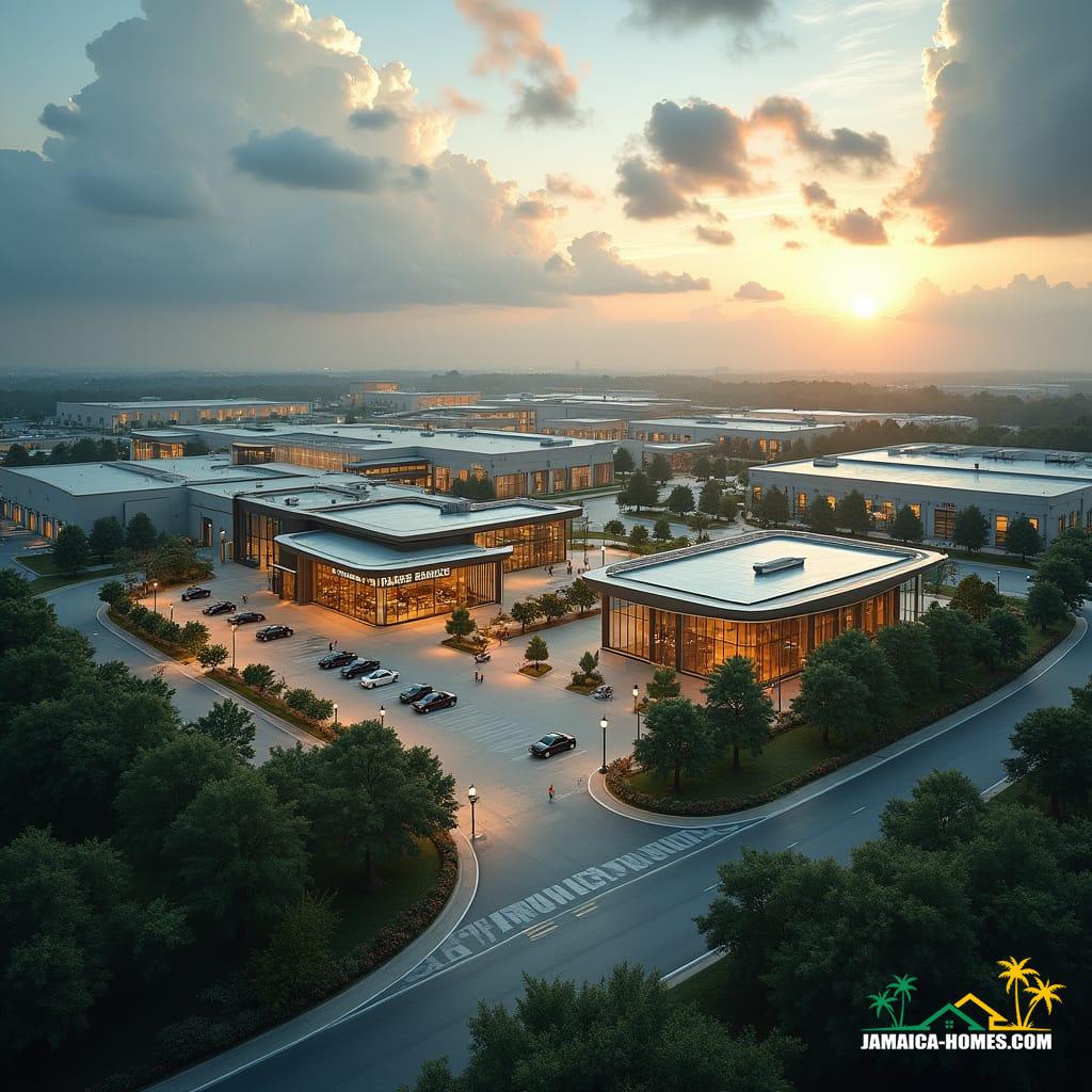 This visual offers a glimpse of what a Special Economic Zone could bring to areas like Boscobel and other parts of Jamaica. It features modern buildings for a call center, expansive warehousing facilities, sleek aircraft hangars, and a bustling commercial plaza filled with banks, restaurants, and shops. The layout includes factory outlets and a state-of-the-art medical facility, all surrounded by lush tropical landscaping. The scene is alive with people walking between buildings, workers commuting, and organized roads lined with parked cars, symbolizing the creation of over 2500 jobs, higher rental demand, and rising property values. This illustration captures the vibrancy and potential of a community hub thriving with new services and economic growth.