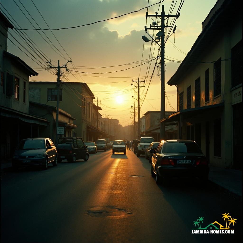 A majestic live-action cinematic film still of the Kingston, Jamaica Metropolitan Region, captured on 35mm film with a V-Raptor XL camera, imbued with warm film grain, subtle vignette, and meticulous color grading, evoking the atmospheric depth of a masterpiece, shot in dramatic lighting, reminiscent of the cinematic styles of Roger Deakins