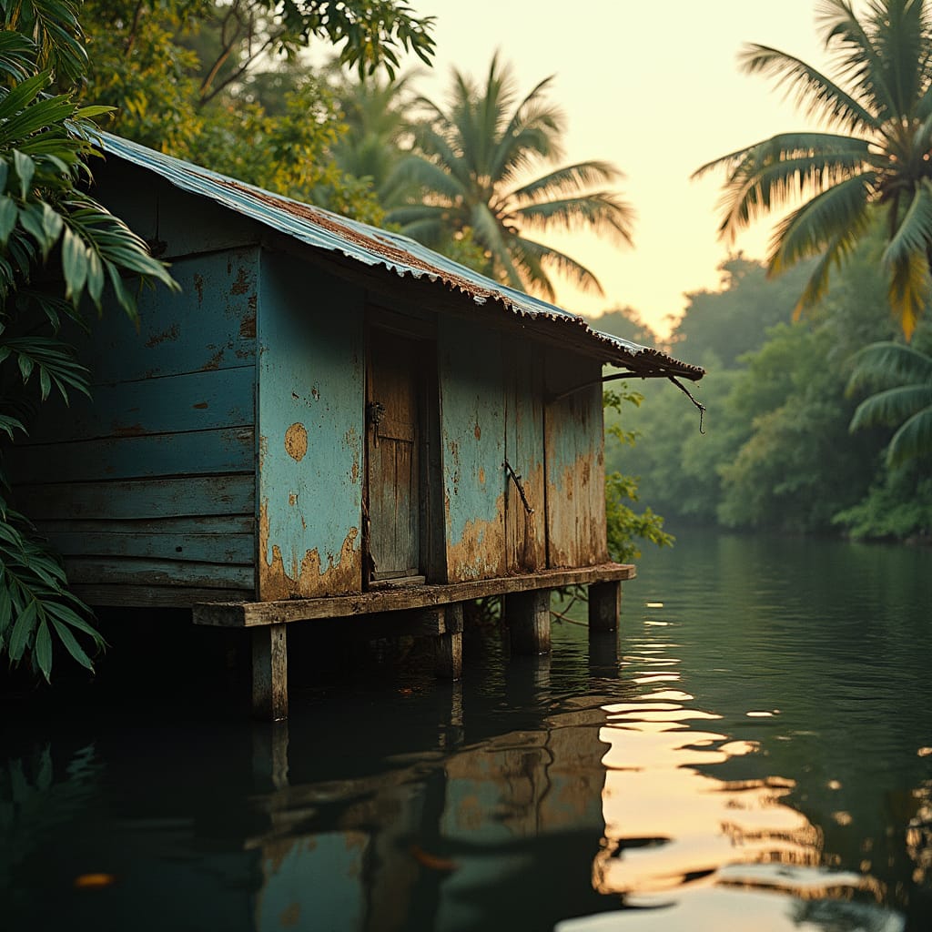 Weathered plywood home, partially hidden by lush Jamaican foliage, with corrugated zinc roof sheets slowly detaching, suspended above the serene river waters, as if frozen in a moment of gentle decay. Warm, golden cinematic lighting casts long shadows, accentuating the texture of the worn wood and rusting metal, evoking a sense of nostalgia and abandonment