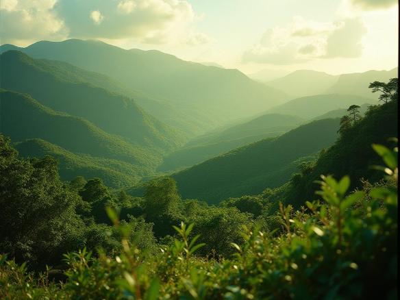 Vibrant Jamaican landscape with rolling hills and lush green mountains, shot on 35mm film with a V-Raptor XL camera, showcasing