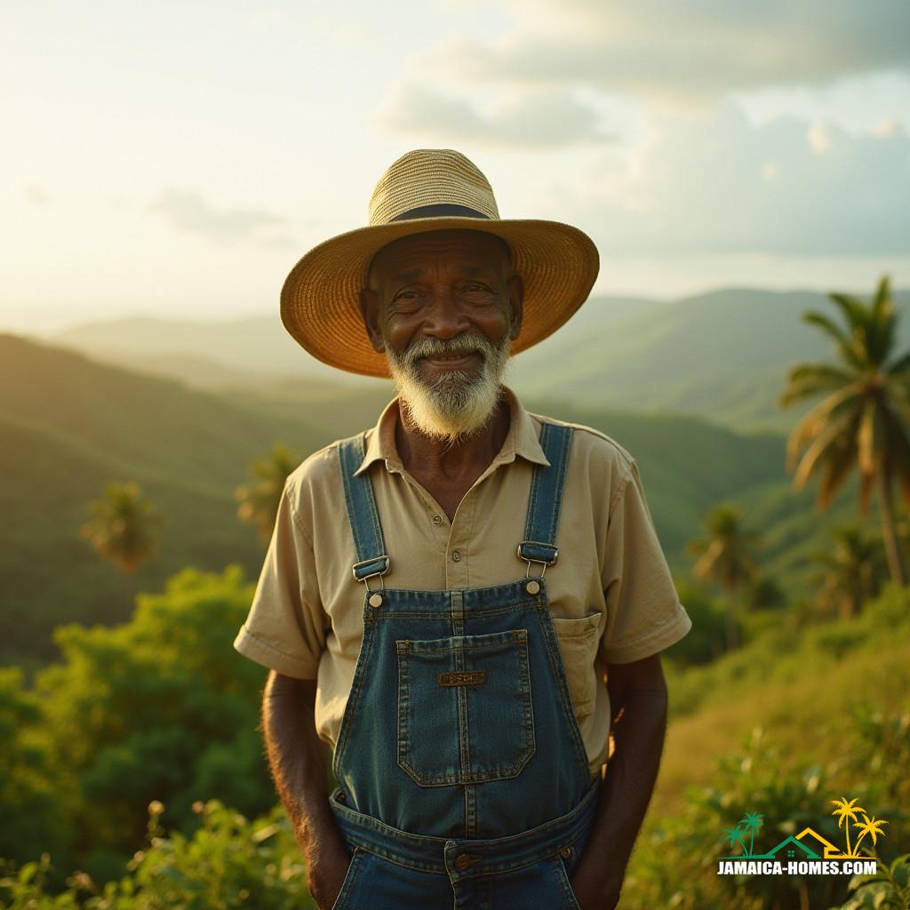 Elderly Jamaican landowner, clad in worn denim overalls and a wide-brimmed straw hat, stands proudly in front of his lush, vibrant Caribbean landscape, with rolling hills and swaying palm trees stretching towards the horizon. Warm, golden light casts a gentle glow on his weathered face, etched with the lines of a life well-lived.