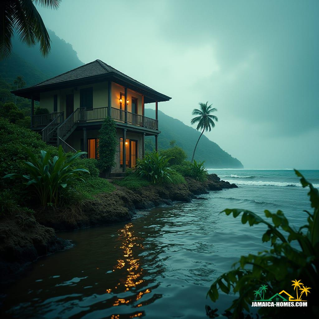 A breathtaking, cinematic film still of a beautiful house near the coast in Jamaica, shot on a v-raptor XL camera, with prominent film grain and a subtle vignette, meticulously color graded and post-processed to evoke a sense of drama and foreboding, as if warning of the impending threat of flooding, cinematic lighting casting long shadows across the lush tropical landscape
