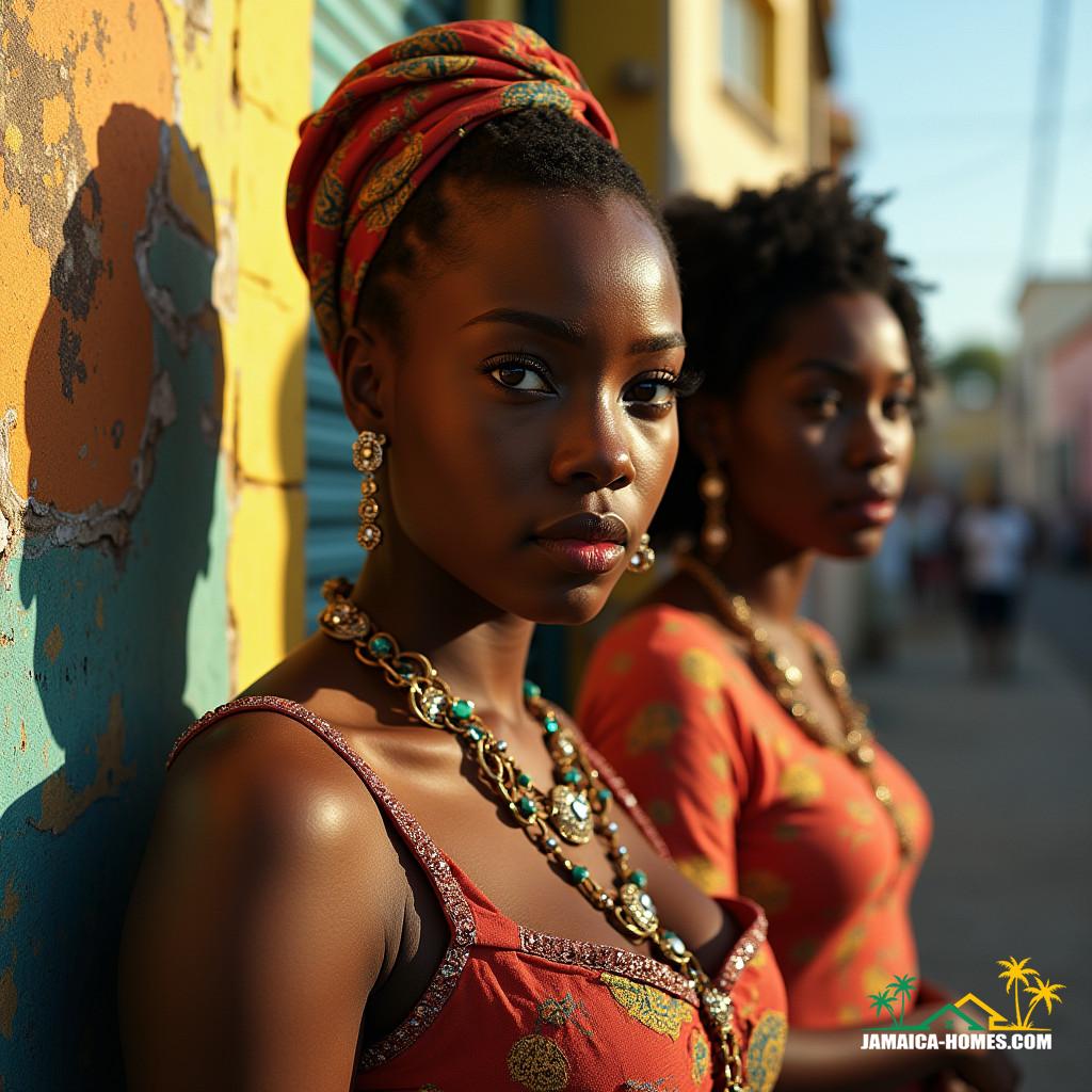 Vibrant black Jamaican community thriving in a colorful ghetto, everyday life unfolding with expressive faces, richly textured traditional clothing, and warm sunlit skin tones, bathed in a cinematic atmosphere reminiscent of Gordon Parks' documentary style, infused with the gritty realism of Khalik Allah's urban landscapes, and the vibrant colors of Mickalene Thomas