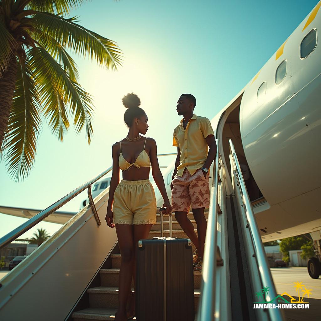 Young black woman and her partner, a black man, both dressed in casual, tropical attire, walking down the airplane stairs, with a suitcase in hand, as they step into the vibrant Jamaican sunlight, surrounded by lush green palm trees and a clear blue sky, with a hint of film grain and a subtle vignette, evoking a sense of nostalgia and warmth, in the style of Cinematic film stills, reminiscent of the works of Spike Lee and Ryan Coogler, with a color palette inspired by the atmospheric, high-contrast tones of 35mm film, and the dramatic lighting of a live-action cinematic masterpiece, post-processed to perfection, with a sense of epic grandeur and stunning beauty, capturing the excitement and hope of a new beginning in a tropical paradise.
