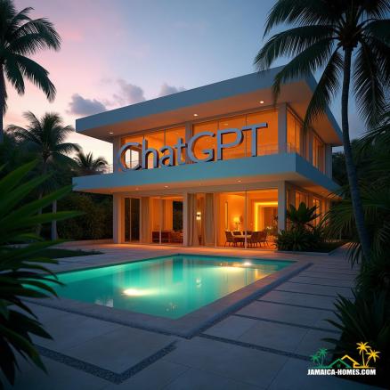 Luxurious modern property in Jamaica, with sleek lines and vibrant colors, amidst lush tropical surroundings, "ChatGPT" emblazoned across the facade in bold, metallic letters, as if superimposed on the scene.