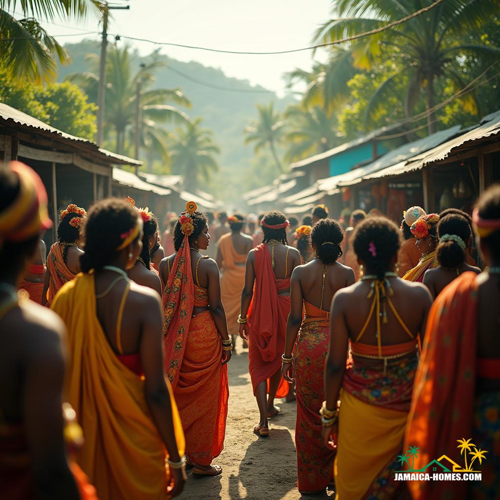 A group of Indo-Jamaicans, dressed in vibrant, traditional attire, gathered in a bustling market square, surrounded by lush greenery and rustic wooden stalls, evoking the rich cultural heritage of Northern and South India, set against the breathtaking Jamaican landscape, infused with warm, golden light, and a hint of tropical mist, captured in a cinematic film still, reminiscent of the works of acclaimed cinematographers, such as Emmanuel Lubezki and Roger Deakins, with a blend of neorealist and magical realist elements