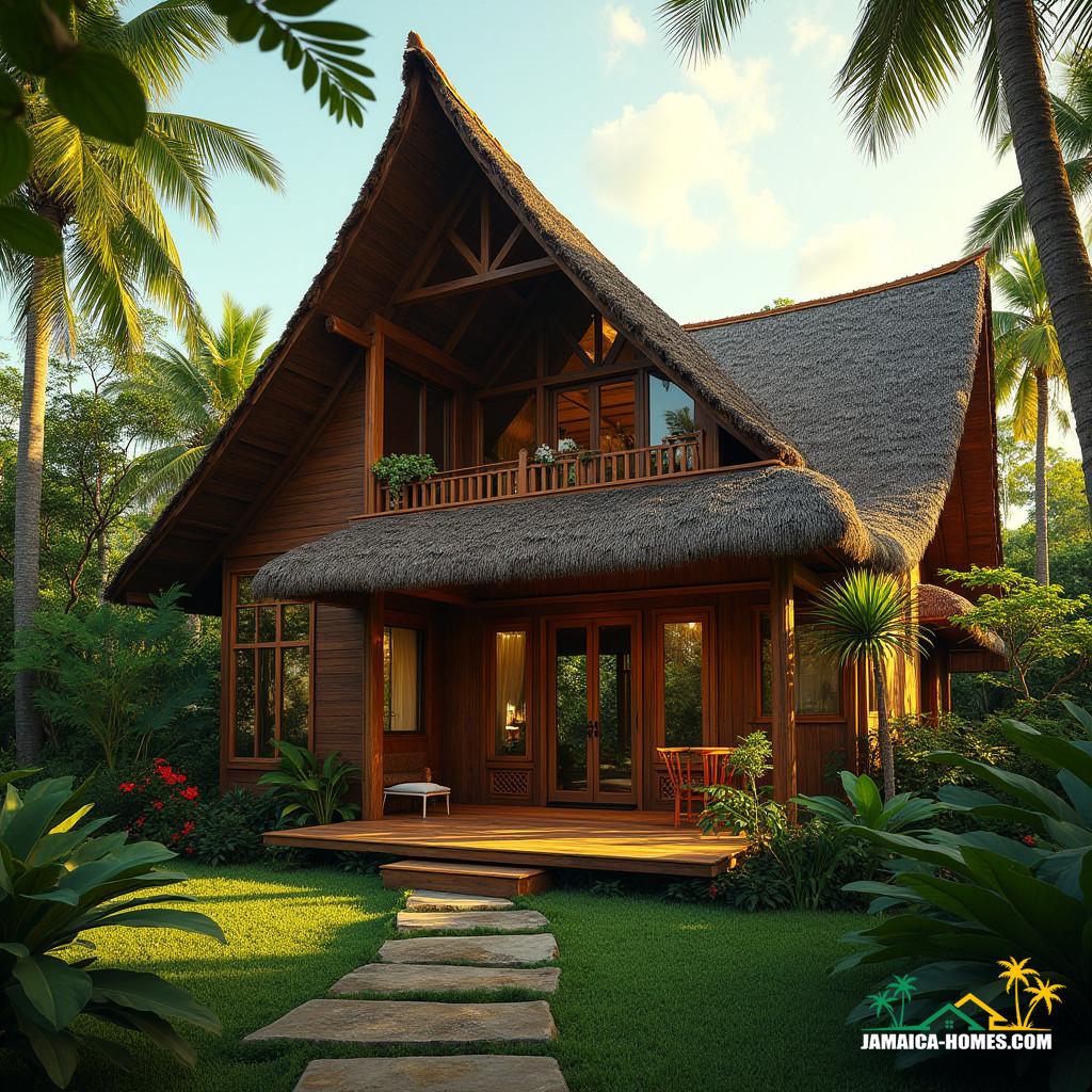 Modern Rumah Gadang home in Kingston, Jamaica, Caribbean, set against a vibrant tropical backdrop, with lush greenery and colorful flora surrounding the intricately carved wooden structure. The home's unique Minangkabau-inspired architecture is bathed in warm, golden light, with cinematic shadows accentuating its textures and patterns.