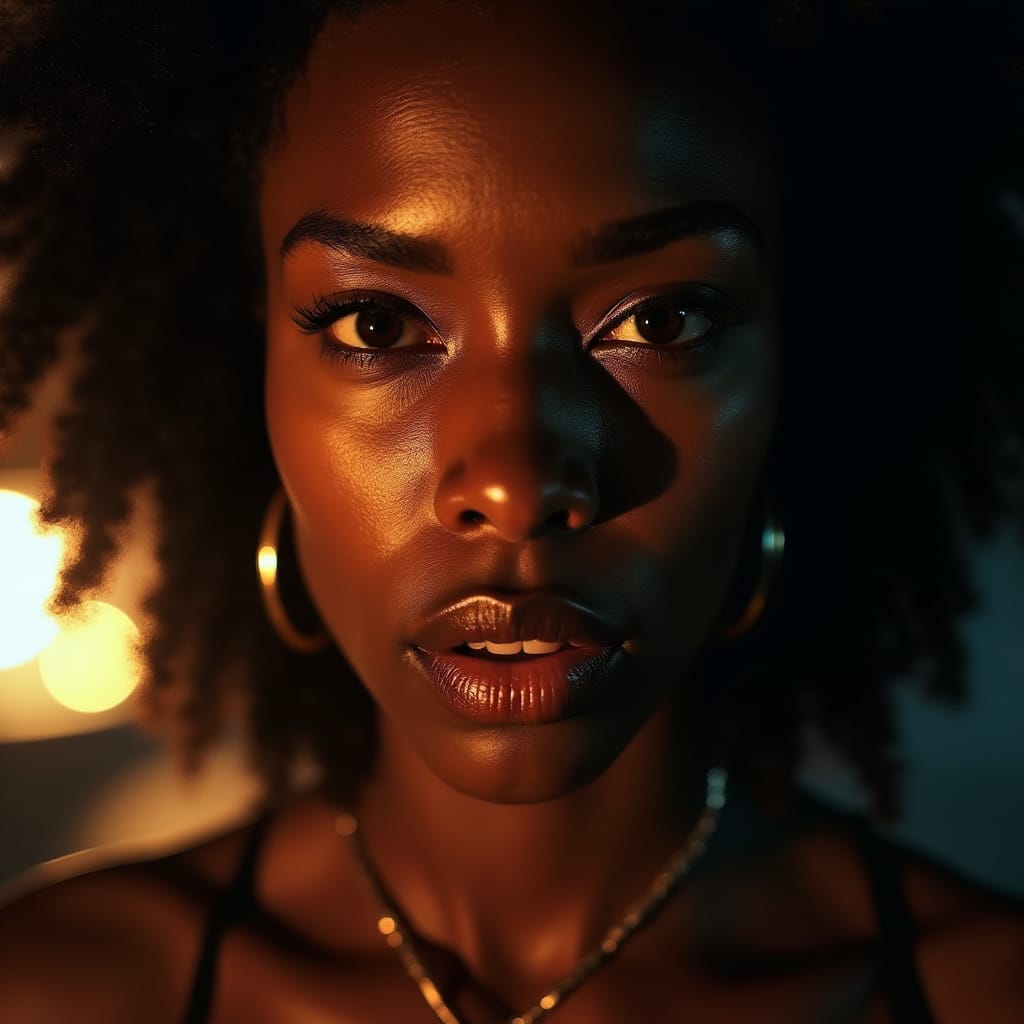 ntense close-up of a stunning Jamaican woman with a strong, determined expression, her face illuminated by a warm, cinematic glow,
