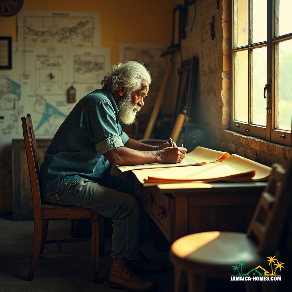 Elderly Jamaican man with wispy grey hair and worn, weathered skin, adorned in a faded denim shirt, worn jeans, and scuffed work boots, surrounded by vintage drafting tools and yellowed blueprints, intensely focused on his work as the warm, golden Caribbean sunlight pours in through the window, casting a nostalgic glow on the rustic, wooden desk.