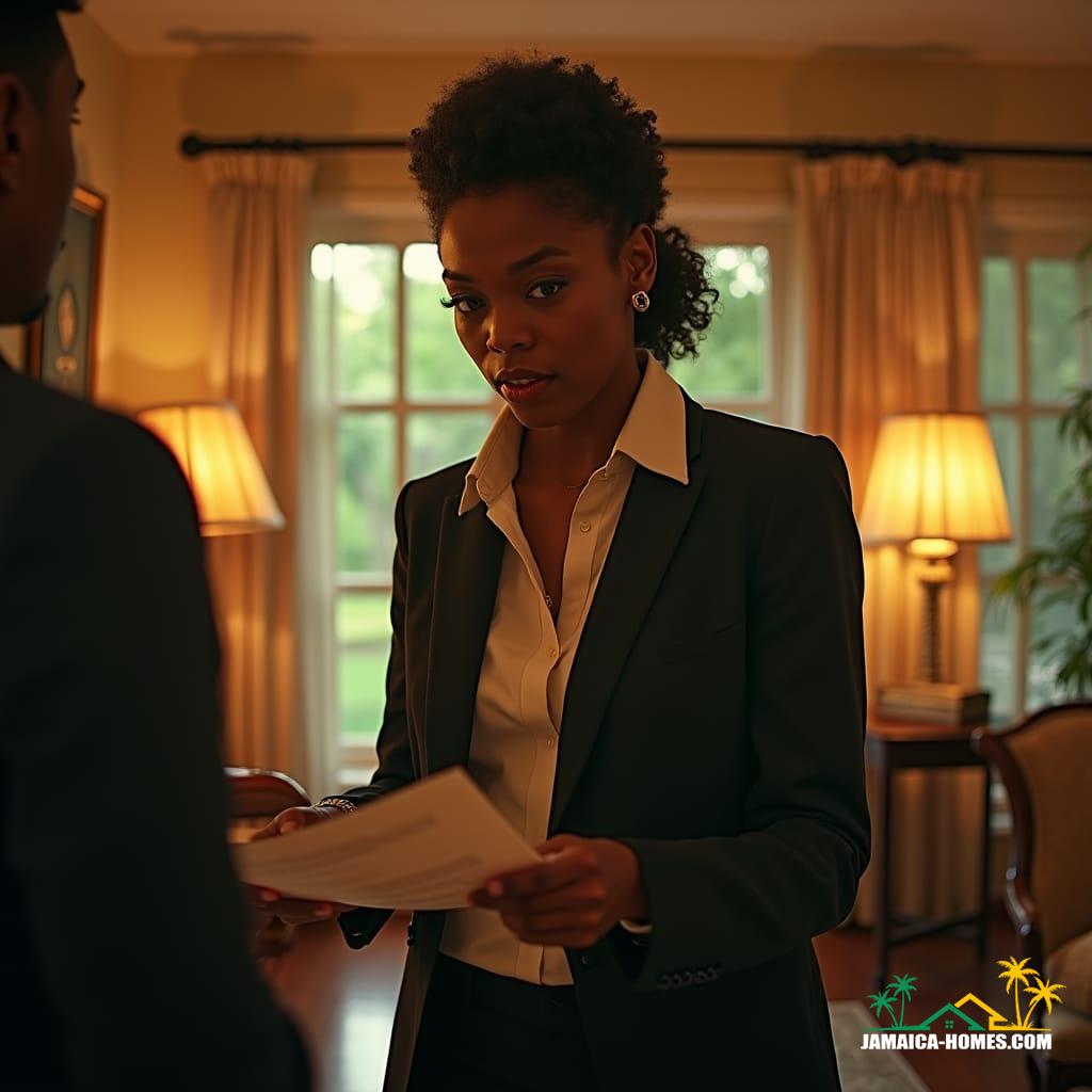 real estate agent, dressed in professional attire, standing in a luxurious Jamaican villa, with a subtle expression of deceit, as she hands a client a document, amidst a warm, golden-hour lit atmosphere, with cinematic lighting casting deep shadows