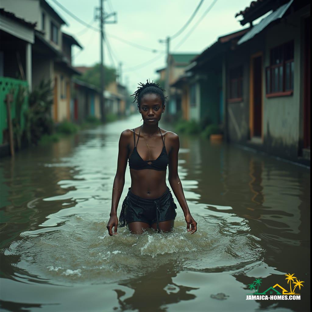 A devastating flood engulfs the quaint streets of Jamaica Town, capturing the chaos and desperation of its residents.