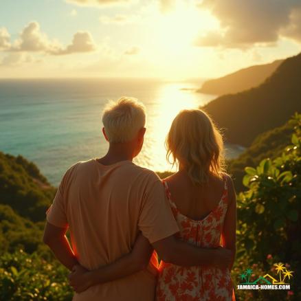 Warm golden light casts a nostalgic glow on a middle-aged couple, standing together, gazing out at a breathtaking Jamaican landscape, as they embark on their dream of building a hotel on the island they adore. The Caribbean Sea sparkles in the distance, with lush green hills rolling towards the shore. The couple's faces, etched with experience and enthusiasm, are set against a warm, vibrant color palette, evoking the feeling of a sun-kissed paradise. Inspired by the cinematography of Emmanuel Lubezki, with a dash of the rich colors and textures reminiscent of the films of Terrence Malick, and the atmospheric lighting of Roger Deakins.