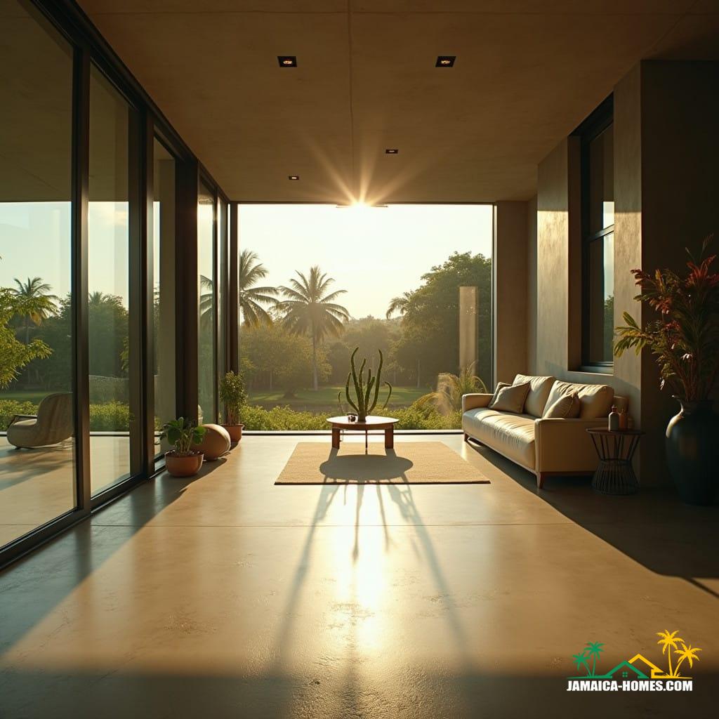 Modern Jamaican home with sleek, minimalist architecture and expansive windows, warm sunlight spilling in to highlight the Polished Concrete flooring's subtle sheen. Cinematic film still, captured with the high-end aesthetic of a v-raptor XL camera, exhibiting a nuanced film grain and a delicate vignette that draws the viewer's eye. Rich, vibrant colors pop against the neutral tones of the interior, thanks to meticulous color grading and post-processing that evokes the timeless feel of 35mm film. Dramatic lighting sculpts the space, casting long shadows and accentuating the textures of the concrete and surrounding materials, imbuing the scene with a deep sense of atmosphere and tension, reminiscent of the works of cinematographers such as Emmanuel Lubezki, Roger Deakins, and Hoyte van Hoytema.