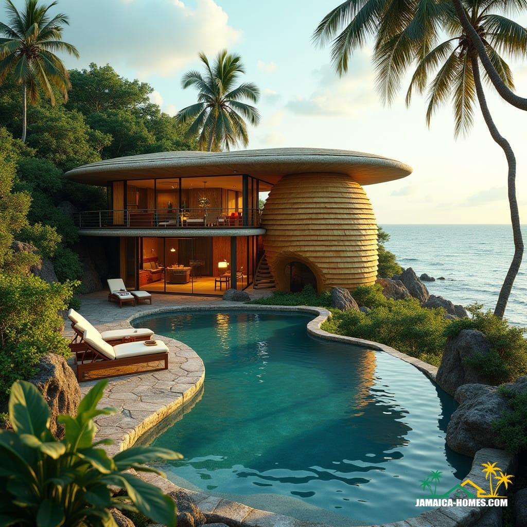 Nestled along Jamaica's stunning coastline, the Jamaica Beehive is a unique architectural gem that blends modern design with nature. Shaped like a bumblebee, this three-story home harmonizes with its rocky surroundings and the gentle curve of the beach. The highlight of the property is its swimming pool, designed in the form of a honeycomb with distinct sections, echoing the home's playful yet elegant theme. This coastal retreat perfectly captures the essence of Jamaican beauty, offering both luxury and natural serenity.