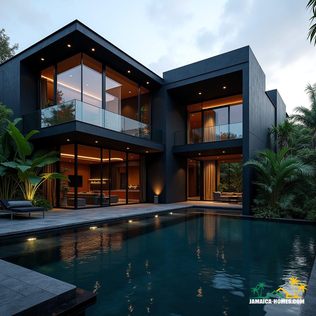 A state-of-the-art modern gothic home situated in Kingston, Jamaica, in the heart of the Caribbean. The design features bold black and charcoal tones combined with sleek glass walls that allow for ample natural light to flood the interior. The house boasts sharp, angular lines with gothic-inspired arches subtly integrated into the architecture. Surrounding the structure are lush tropical plants that create a striking contrast against the dark façade. A luxurious infinity pool wraps around the outdoor area, complete with a shaded lounge space and glowing ambient lighting. The home exudes sophistication, blending gothic charm with modern tropical elegance under the Caribbean sun.