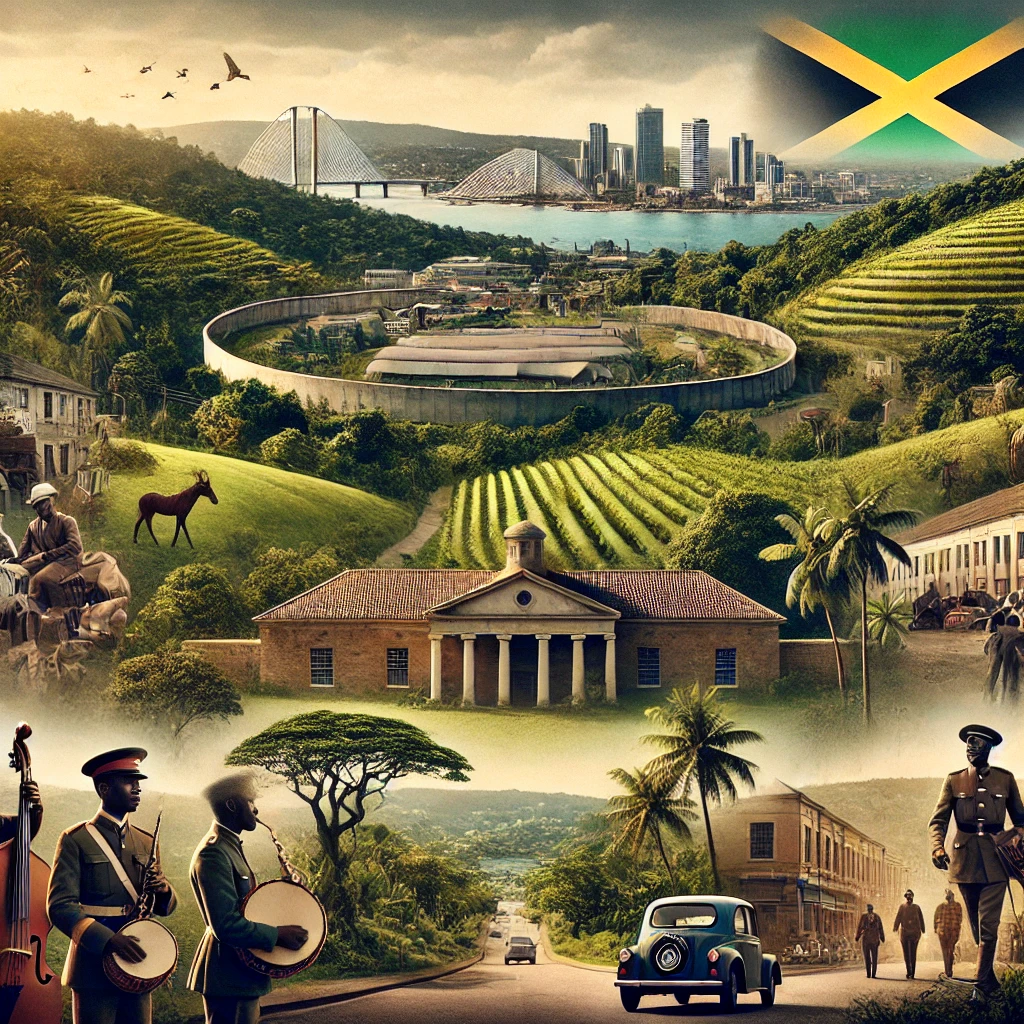 montage representing Stony Hill, Jamaica, blending its historical, cultural, and modern aspects, as well as subtly including symbols of famous people linked to the area. It captures the natural beauty, historical significance, and future growth of Stony Hill