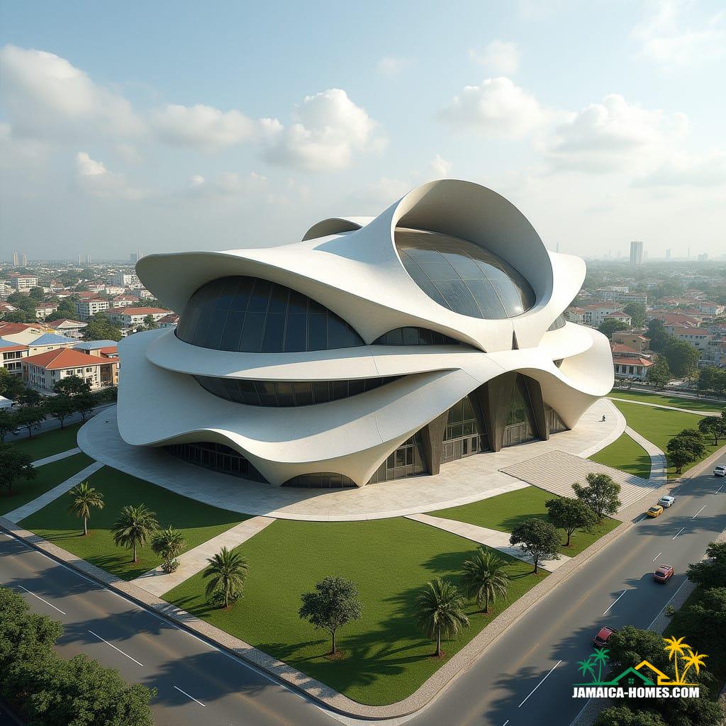A visionary, multi-level church in the heart of Kingston, Jamaica, blending innovative architecture with round, flowing features. The church’s design is inspired by curves and smooth lines, with large rounded windows and domed ceilings that create a sense of openness and harmony. The top level of the church is crowned with a robust concrete structure, lending a sense of strength and modernity to the design. To the side, seamlessly integrated into the church complex, is a vibrant stadium, school, and shops, creating a dynamic community space that blends faith, education, sport, and commerce. The church’s placement within Kingston’s cityscape highlights its connection to the urban energy, offering a serene space for reflection while actively contributing to the surrounding area. The smooth concrete contrasts with the organic, round shapes of the church, while the entire development offers a mix of functional and spiritual spaces, making it a landmark that embodies both tradition and modernity.