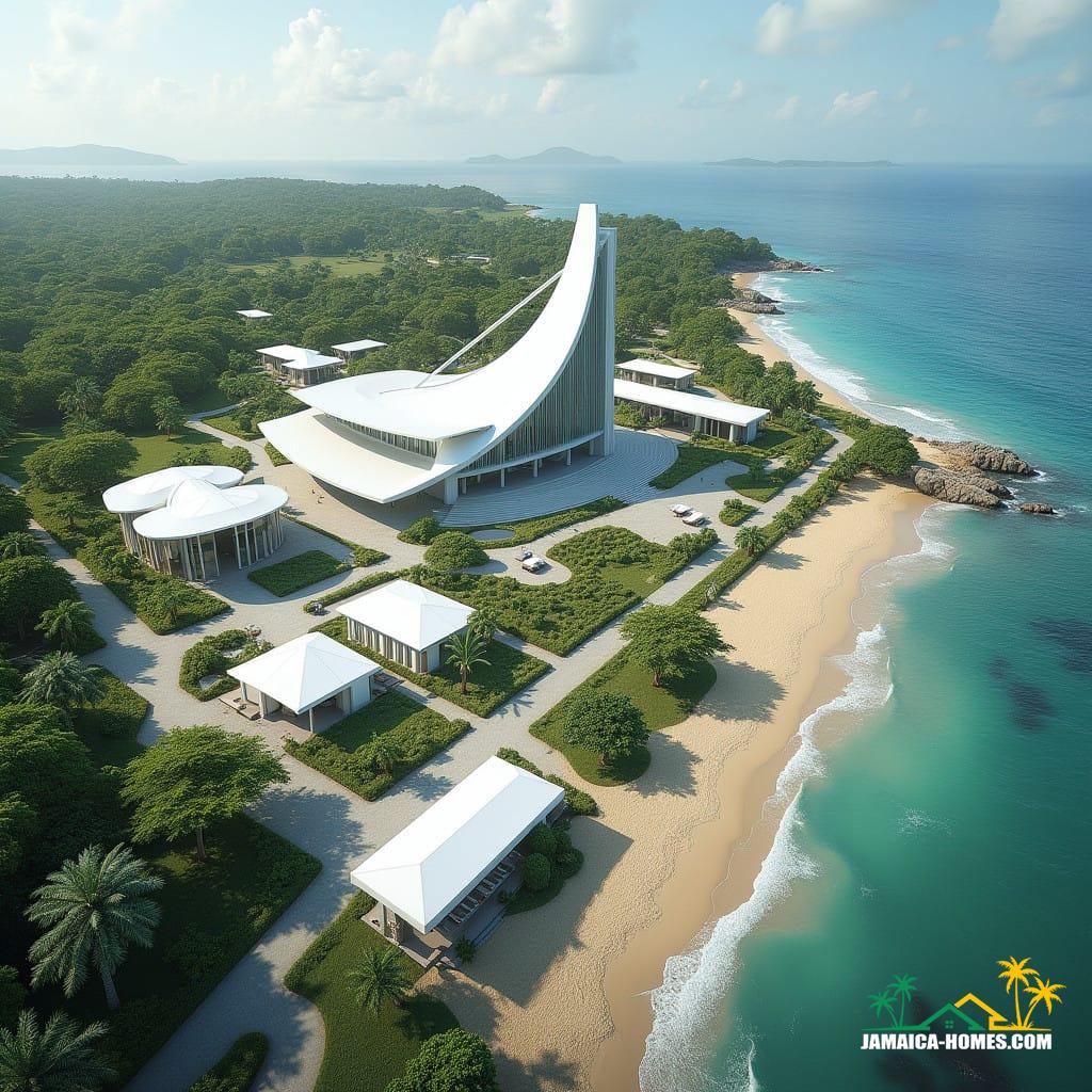 A sprawling modern church campus situated on the pristine shores of a Jamaican beach, blending contemporary design with the natural beauty of the Caribbean. The campus features sleek, minimalist buildings made of white concrete and glass, with open-air spaces that invite the ocean breeze and natural light. The central church building boasts a dynamic, wave-inspired roofline and a towering glass façade that reflects the turquoise waters and golden sands. Surrounding the main sanctuary are smaller pavilions and community spaces, including a prayer garden, an amphitheater for outdoor worship, classrooms for youth programs, and a cultural center celebrating Jamaican heritage. Pathways wind through lush tropical landscaping, connecting the buildings while preserving the serene, coastal ambiance. The campus design emphasizes harmony with nature, with solar panels, rainwater harvesting systems, and elevated walkways to protect the beach’s ecosystem. At its heart, the church campus serves as a hub for worship, education, and community, offering a peaceful retreat infused with the vibrant spirit of Jamaica.