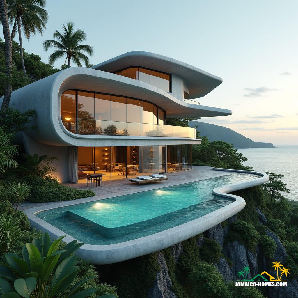 A sleek, futuristic smart home rises from the lush Jamaican tropical landscape, its bold geometric structure a mesmerizing blend of curved and angular lines, evoking the futuristic aesthetic of Syd Mead, the avant-garde flair of Zaha Hadid, and the sleek minimalism of Tadao Ando. The residence's exterior is a symphony of concrete, glass, and metallic finishes, with solar-powered smart glass windows that shimmer like polished obsidian, seamlessly integrating into the futuristic façade. A majestic floating infinity pool appears to defy gravity, its crystalline waters merging with the turquoise Caribbean Sea in the distance. The multi-level open floor plan is a marvel of modern design, with AI-controlled climate features and smart lighting that adapt to the rhythms of the tropical environment. Cinematic lighting casts dramatic shadows, accentuating the home's futuristic contours, as if captured in a still from a sci-fi epic, shot on a V-Raptor XL camera, with a warm 35mm film grain, subtle vignette, and meticulously color-graded to evoke a sense of awe-inspiring wonder.
