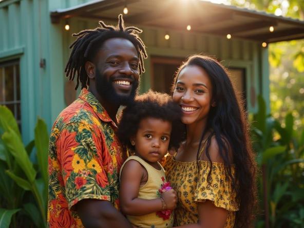 Een liefdevol Jamaicaans stel, stralend van trots, staat voor hun knusse 20-voet containerhuis, omringd door een wandtapijt van weelderig tropisch groen, met hun vrolijke kind van gemengde afkomst, een jongen met krullend haar, die vrolijk naast hen lacht. De vader, een trotse zwarte man met dreadlocks, draagt ​​een levendige Rastafari-geïnspireerde outfit, terwijl de moeder, van Chinees-Jamaicaanse afkomst, lang, donker haar heeft dat over haar rug valt. Zacht, warm licht stroomt over hun gezichten en verlicht hun geluk, terwijl de heldere Caribische lucht en levendige planten op de achtergrond lijken te trillen van leven. In de stijl van Roger Deakins, Emmanuel Lubezki en Rachel Morrison, met een filmische filmstill-esthetiek, geschoten op 35mm-film, met subtiele filmkorrel, een zachte vignette en een rijke kleurgradatie, tot in de perfectie nabewerkt, wat een epische, dramatische sfeer oproept, die doet denken aan een live-action meesterwerk.