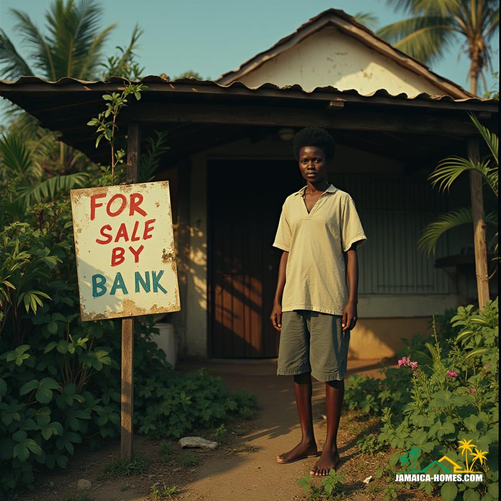 African Caribbean couple, dressed in casual, worn clothing, standing despairingly outside their modest, rustic Jamaican home, surrounded by lush tropical foliage, with a faded "For Sale by Bank" sign prominently displayed, conveying a sense of desperation and loss, cinematic lighting casting long shadows and accentuating the emotional intensity of the scene, shot on 35mm film with a vintage aesthetic, incorporating film grain, vignette, and a warm, golden color grade, evoking the works of cinematographers like Roger Deakins and Emmanuel Lubezki, with a hint of Malick-esque poetic realism, reminiscent of classic Caribbean literature, a poignant, atmospheric, and deeply human masterpiece.
