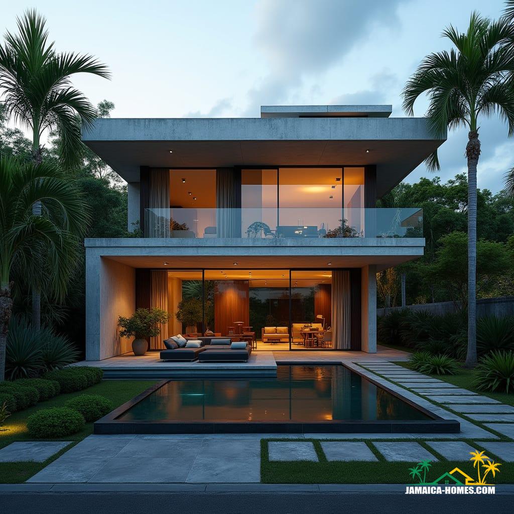 A sleek, modern townhouse in the heart of Kingston, Jamaica, featuring a minimalist design with a flat concrete roof, solid concrete structure, and protruding windows, blending urban luxury with tropical aesthetics. Large glass balconies and floor-to-ceiling windows seem to hover above the lush greenery and palm trees, while a rooftop infinity pool with a deck offers a tranquil oasis amidst the vibrant city lights. As evening falls, cinematic lighting accentuates the elegance of the design, with warm hues dancing across the smooth concrete, wooden, and glass elements. Inspired by the works of architects like Tadao Ando, John Pawson, and Glenn Murcutt, this masterpiece embodies a cinematic film still aesthetic, with subtle film grain, vignette, and color grading reminiscent of a 35mm film shot on a v-raptor XL, evoking an atmospheric, epic, and dramatic mood.