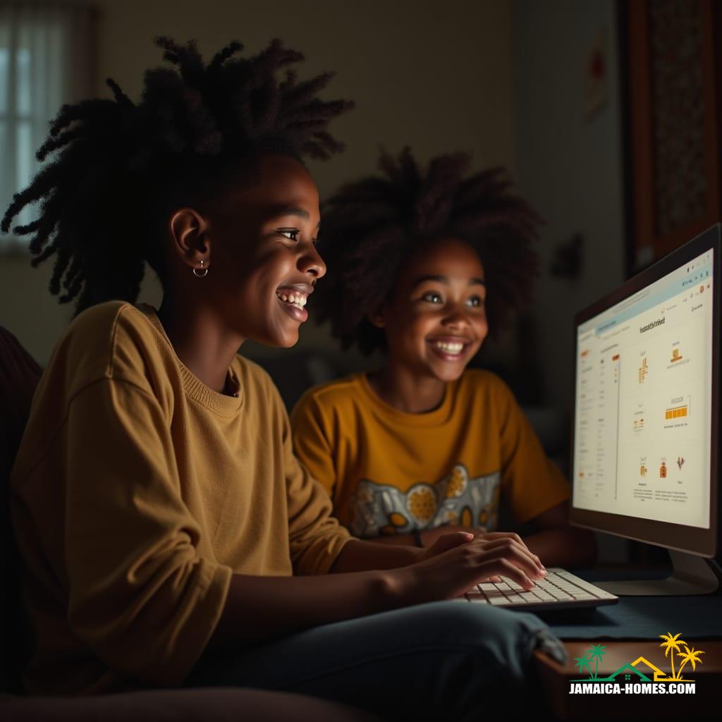 A beautiful, young black high school student, with a bright smile, sitting in a modest, board-home living room in a Jamaican ghetto, intensely focused on his computer screen, surrounded by proud parents, beaming with joy, as he navigates a cutting-edge, blockchain-based real estate investment platform, utilizing NFTs and fractional ownership, his face illuminated by the warm glow of the screen, with a cinematic, film-grain aesthetic, reminiscent of 35mm film, shot on a V-Raptor XL, with a shallow depth of field, subtle vignette, and vibrant, color-graded tones, evoking a sense of hope and determination, as if captured by the likes of Ryan Coogler, Barry Jenkins, or Ava DuVernay, with a style that blends the gritty realism of Ramin Bahrani with the uplifting optimism of Dee Rees.