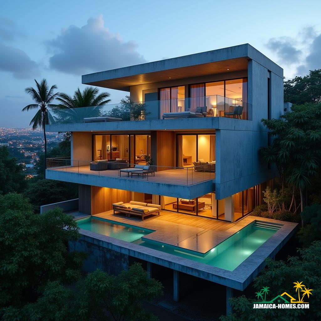 A sleek, minimalist modern townhouse in the heart of Kingston, Jamaica, with a flat concrete roof, solid concrete structure, and protruding windows, set against a vibrant cityscape of lush greenery, palm trees, and twinkling city lights. Large glass balconies and floor-to-ceiling windows reflect the warm glow of evening lighting, while a rooftop infinity pool and deck offer a tranquil oasis amidst the urban bustle. The exterior's smooth concrete, wooden, and glass elements blend seamlessly, evoking the works of architects like Tadao Ando and Kengo Kuma, with a touch of tropical modernism reminiscent of Albert Frey's desert designs. Shot on a v-raptor XL, the image exudes a cinematic quality, with a 35mm film aesthetic, subtle film grain, and a vignette that draws the viewer's eye to the heart of the scene. Color graded to enhance the drama of the evening light, with deep blues and warm golden tones, this atmospheric masterpiece is a testament to the beauty of modern architecture, infused with the epic and stunning qualities of a cinematic film still.