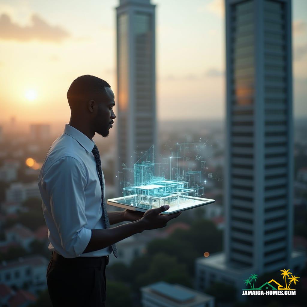 A bustling cityscape in Kingston, Jamaica, with a sleek, modern skyscraper in the background, symbolizing the fusion of technology and real estate, as a businessman in a crisp, white shirt and tailored suit, holds a tablet with a futuristic augmented reality display, showcasing a 3D property model, amidst a subtle, golden-hour glow, with shallow depth of field, highlighting the subject, in a cinematic film still, shot on a v-raptor XL, with a subtle film grain, vignette, and meticulous color grading, evoking a sense of sophistication and innovation, reminiscent of the works of Denis Villeneuve, Christopher Nolan, and Steven Spielberg, with a dash of futuristic, high-tech aesthetics, blending seamlessly with the vibrant, Caribbean atmosphere.