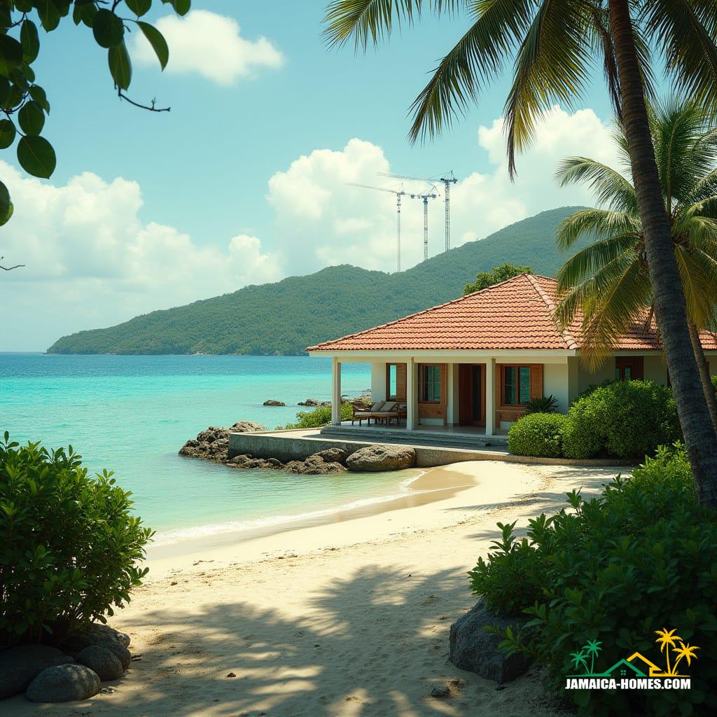 A serene Jamaican beachside scene, where a sleek, modern property with clean lines and minimalist architecture stands in contrast to a historic, colonial-style house with ornate wooden shutters and a terra cotta roof, set amidst lush greenery and rolling hills, with the turquoise Caribbean sea stretching out to the horizon. In the distance, construction cranes pierce the sky, a testament to the growing influence of real estate investment. The atmosphere is one of tranquil unease, as the peaceful island life coexists with the tension of progress. Cinematic lighting casts a warm glow, with deep shadows and a subtle film grain, evoking the aesthetic of a 35mm film still, shot on a v-raptor XL camera. The color palette is vibrant and natural, with the rich tones of the tropical landscape juxtaposed with the sleek modernity of the property, blending the styles of filmmakers like Terrence Malick and Wes Anderson, with the atmospheric depth of a Hayao Miyazaki landscape, and the dramatic tension of a Denis Villeneuve cinematic still.